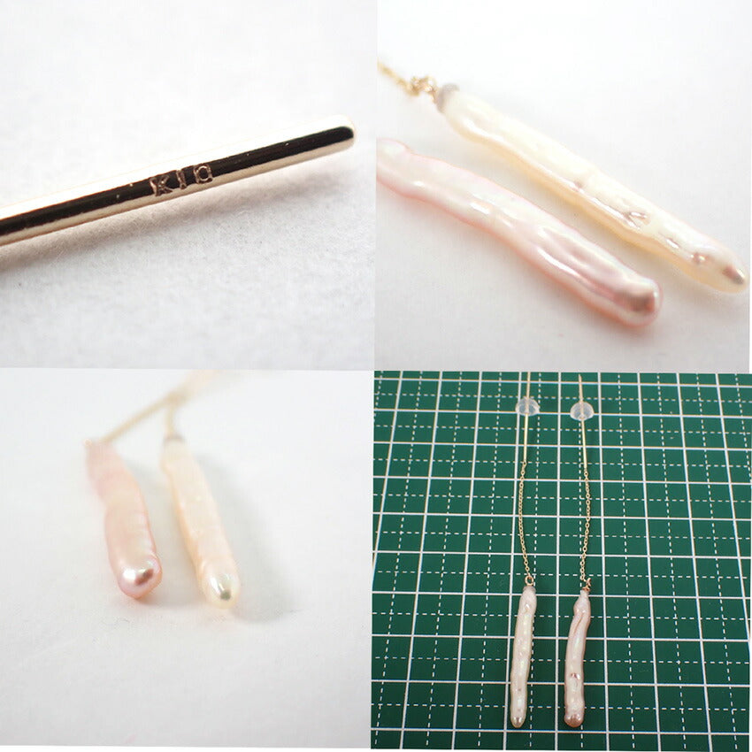 【新品】K10 淡水パール/ロングチェーン ピアス/j33-1