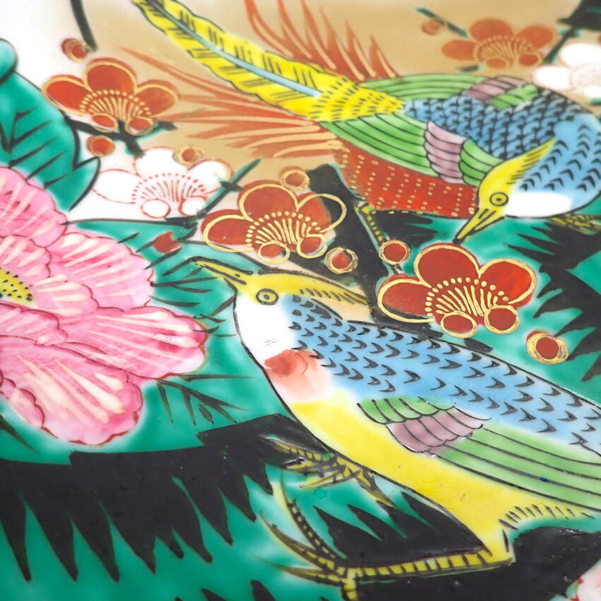 【中古】九谷焼/清峰 花鳥 梅牡丹 骨董品 飾り皿[b12-3］