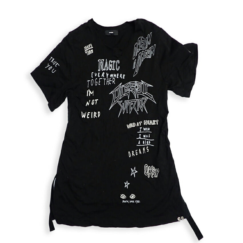 【中古】DIESEL/ディーゼル ブラック プリント スリットTシャツ[b42-28］