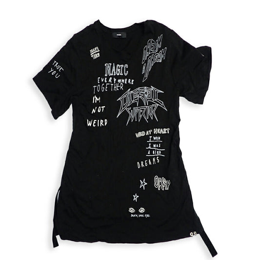 【中古】DIESEL/ディーゼル ブラック プリント スリットTシャツ[b42-28］