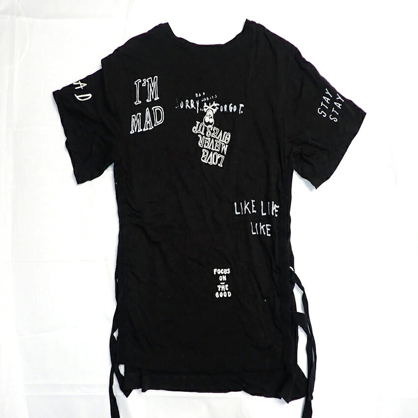 【中古】DIESEL/ディーゼル ブラック プリント スリットTシャツ[b42-28］