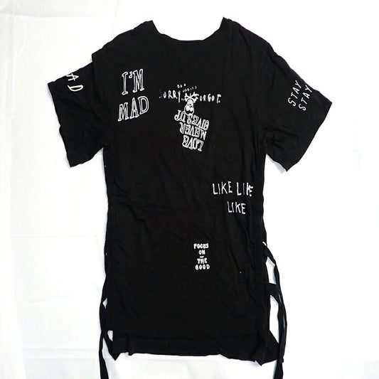 【中古】DIESEL/ディーゼル ブラック プリント スリットTシャツ[b42-28］