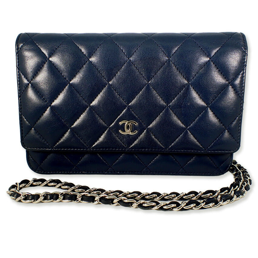 【中古】CHANEL/シャネル マトラッセ　ラムスキン　チェーンウォレット　ネイビー系 カード/シールあり/b51-10