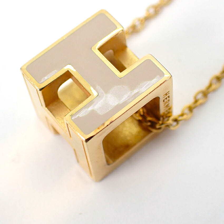 【中古】HERMES/エルメス Hキューブ ゴールド×グレージュ  ネックレス/j271-5