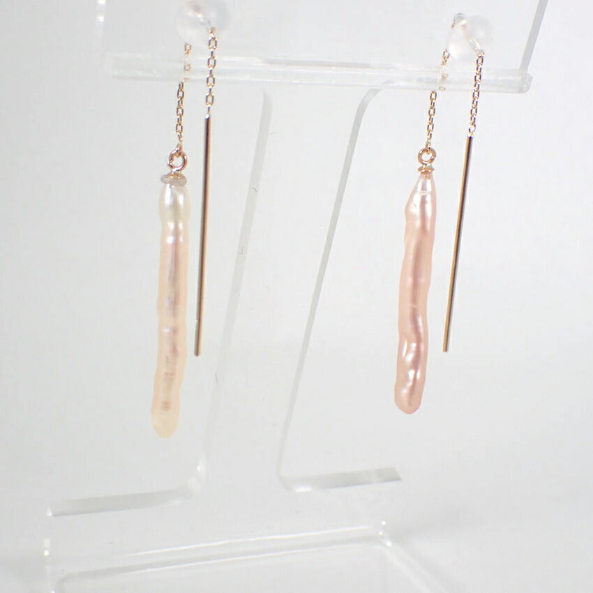 【新品】K10 淡水パール/ロングチェーン ピアス/j33-1