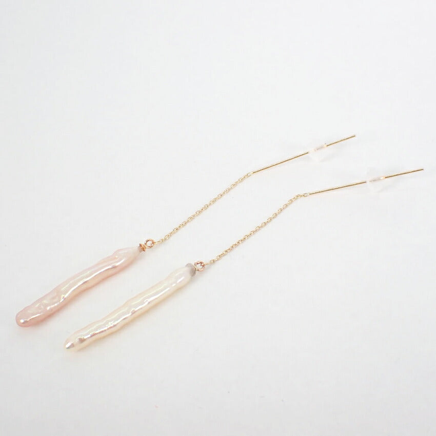 【新品】K10 淡水パール/ロングチェーン ピアス/j33-1