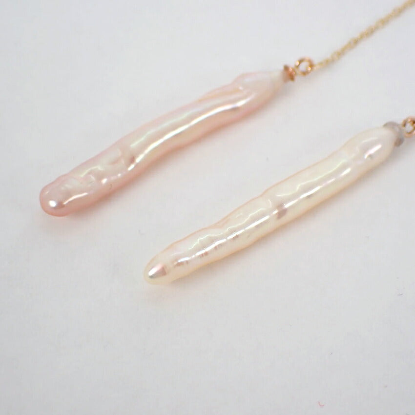 【新品】K10 淡水パール/ロングチェーン ピアス/j33-1