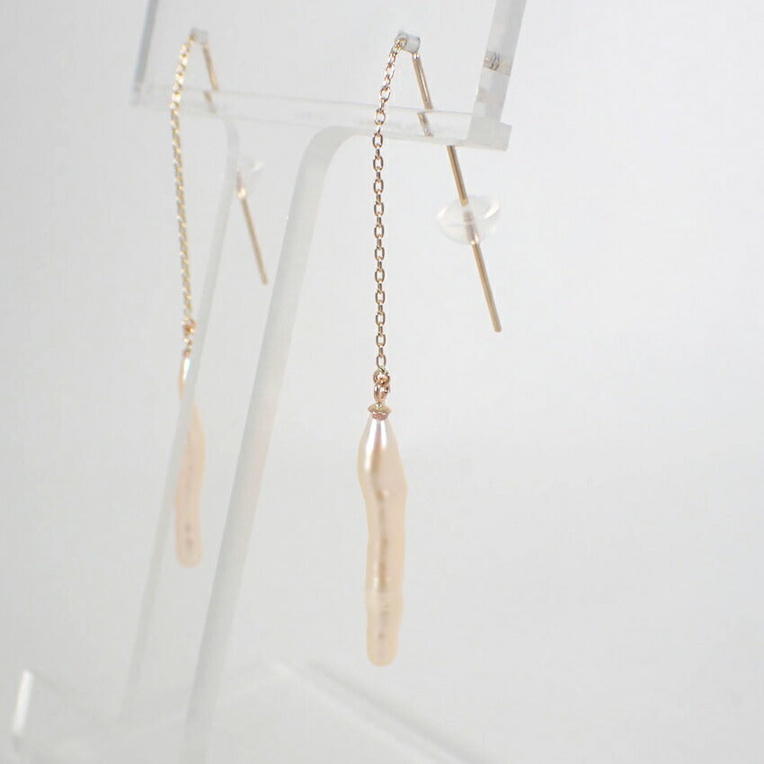 【新品】K10 淡水パール/ロングチェーン ピアス/j33-3