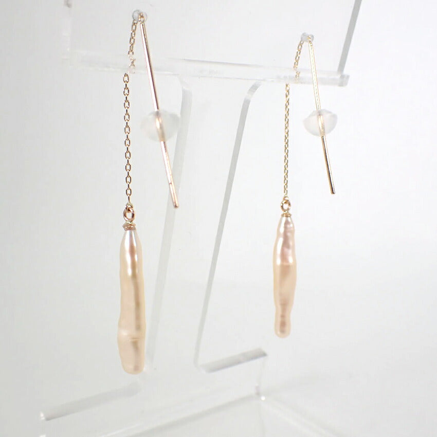 【新品】K10 淡水パール/ロングチェーン ピアス/j33-3