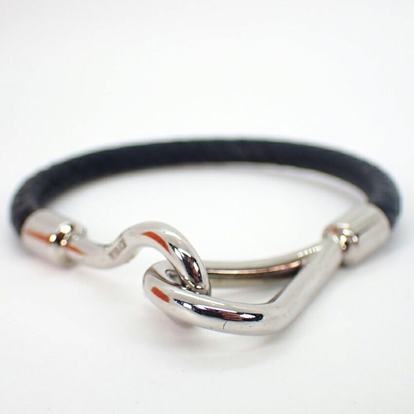 【中古】HERMES/エルメス/黒革/網/フック/シルバー色金具/ブレスレット/バングル/j86-3